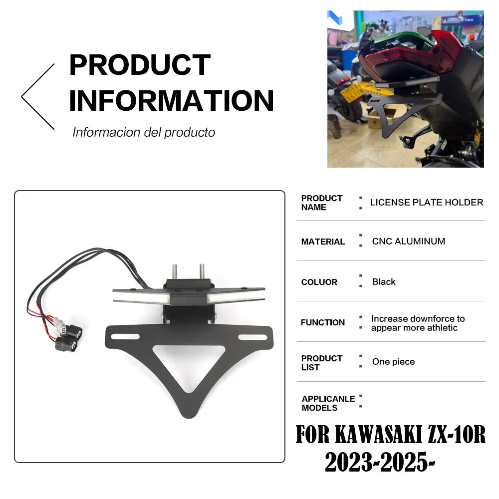 Support de plaque d'immatriculation à LED Kawasaki ZX‑10R ZX‑10RR 2023‑2025